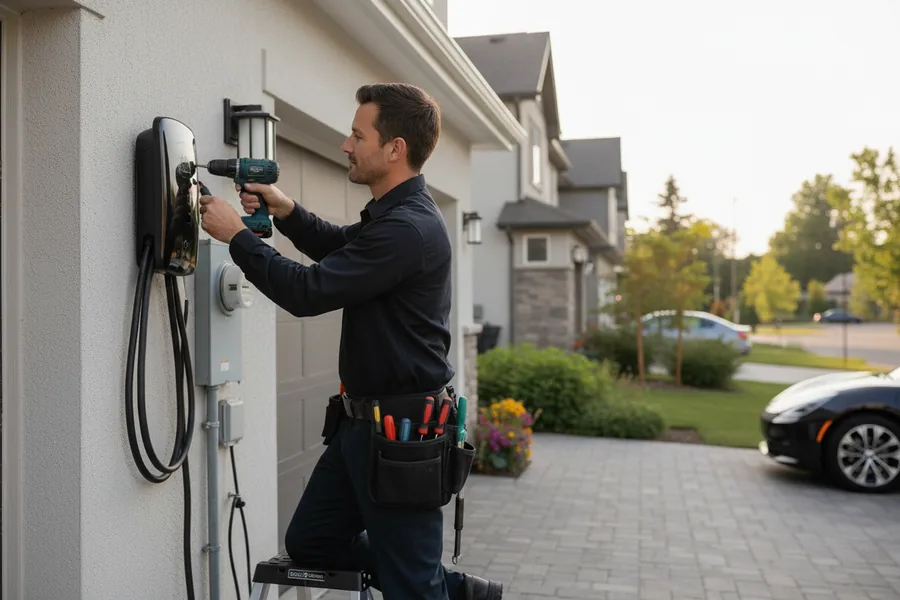 Haven Electrical electrician installing an EV car charger with Tesla in background in Cork