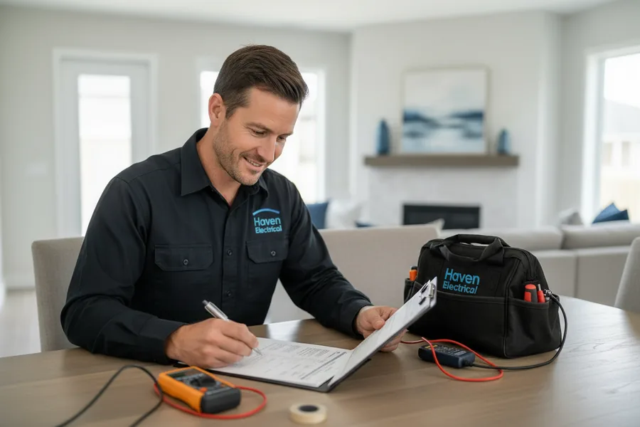 Haven Electrical electrician writing an electrical installation certificate in Cork